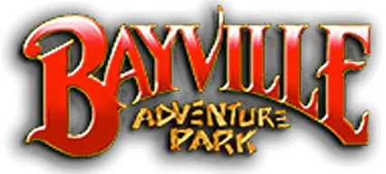 Bayville Adventure Park logo with fiery text over wood background.