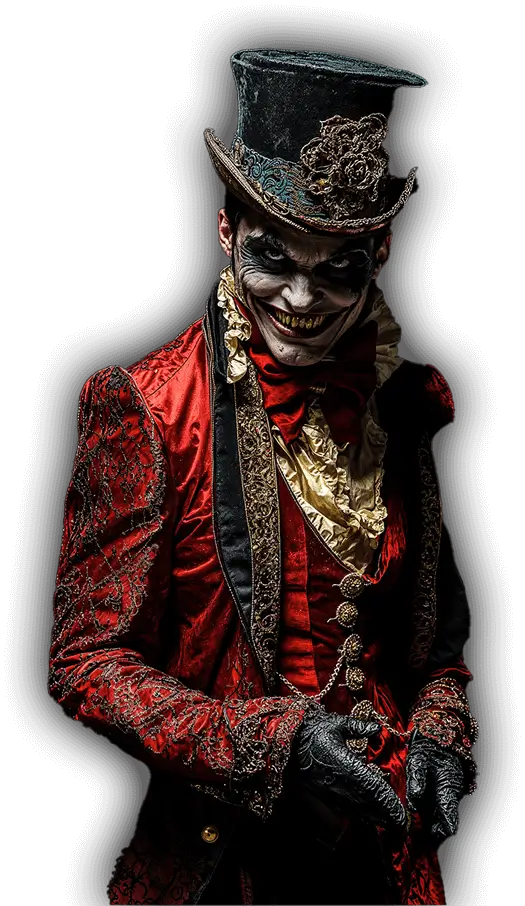 Vampire Host – VIP Nights Victorian vampire actor in crimson vest greeting VIP guests at Bayville Scream Park.