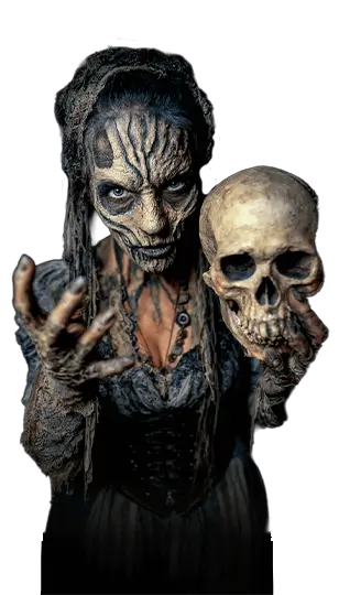Swamp Witch & Skull Swamp-witch actor clutching skull inside Bayville Scream Park, Long Island haunted house scene.