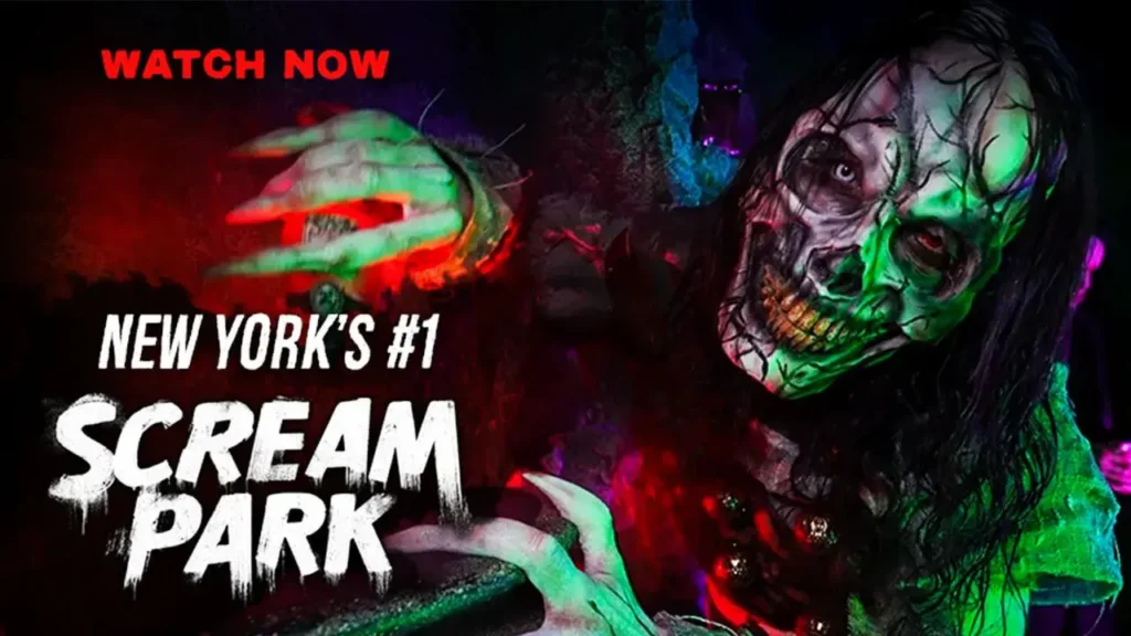 Close-up of a snarling monster inviting you to watch the 30-second trailer for Bayville Scream Park, voted NY’s #1 scream park