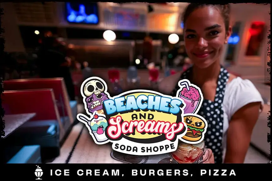 Waitress serving sundaes at Beaches & Screams Soda Shoppe inside Bayville.