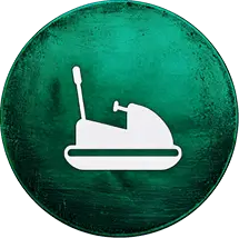 White bumper-boat icon on a green round badge for the Crash Bumper Boats ride at Bayville Scream Park, Long Island haunted attraction