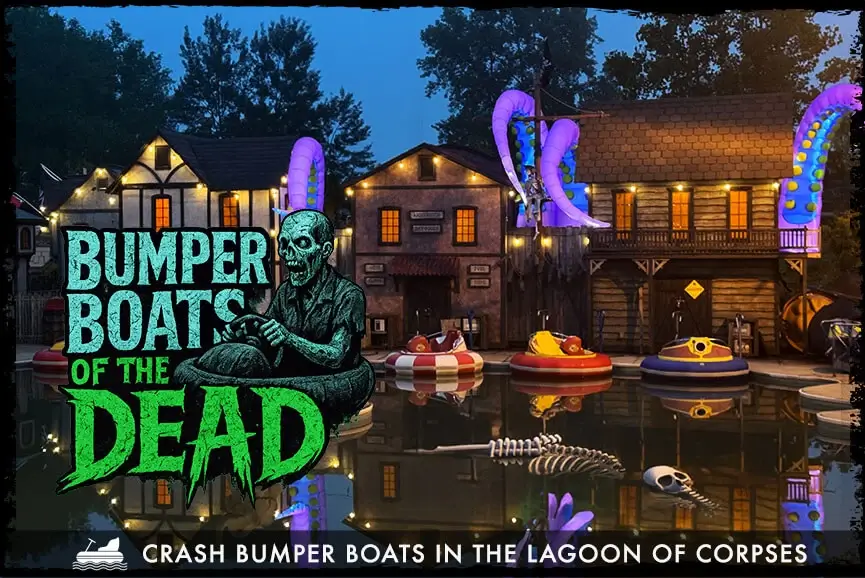 Zombie-themed bumper boats glowing at night in the lagoon at Bayville Scream Park haunted attraction