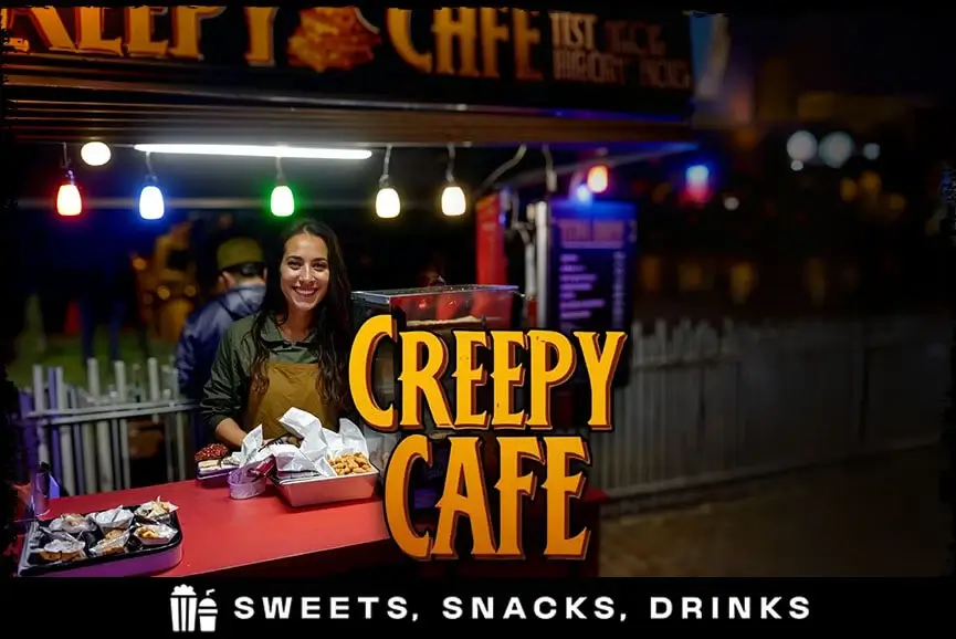 Creepy Café stand with smiling vendor and sweet treats at Bayville Scream Park