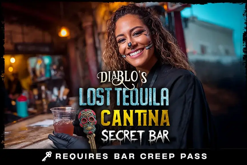 Guest enjoying cocktail at Diablo’s Lost Tequila Cantina secret bar, Bayville.