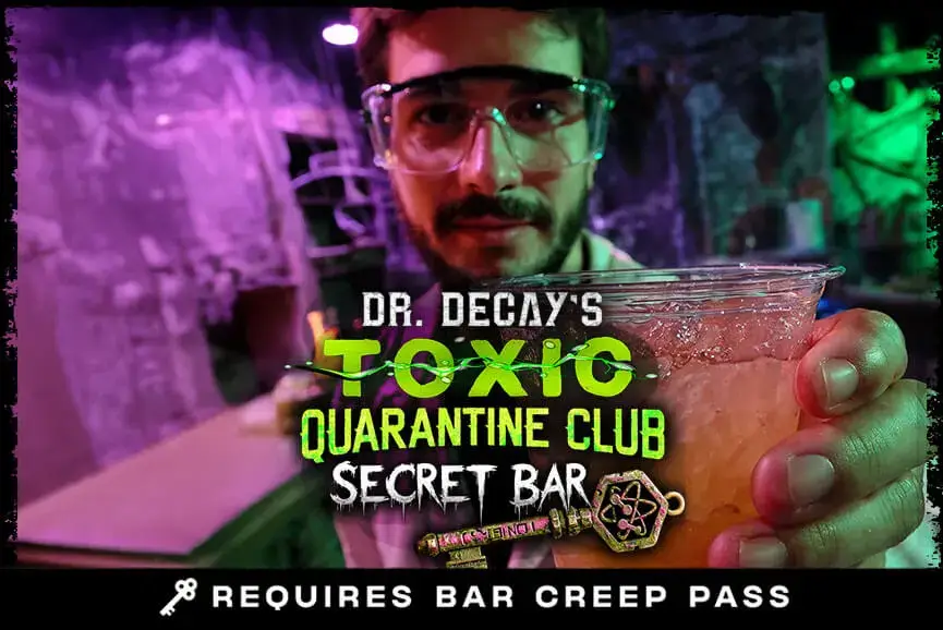 Mad scientist toasting neon drink at Dr. Decay’s Toxic Quarantine Club bar.