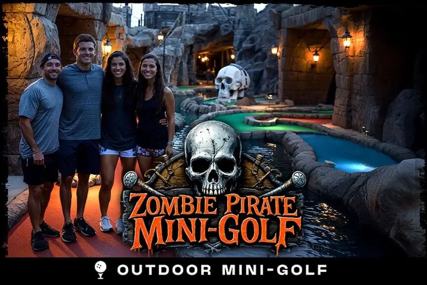 Zombie Pirate Mini-Golf promo with skull flag and guests posing on course.