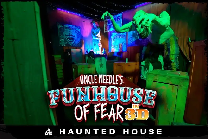 Logo art for Uncle Needle’s Funhouse of Fear 3D with neon monster.
