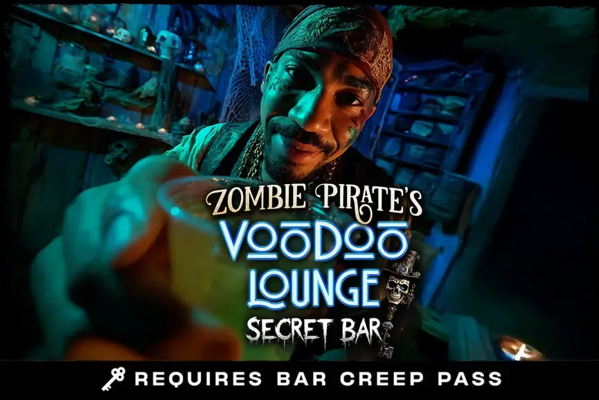 Rum drink served by zombie pirate host in Voodoo Lounge secret bar.