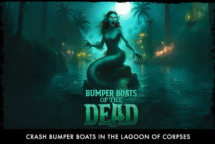 Zombie-themed bumper boats glowing at night in the lagoon at Bayville Scream Park haunted attraction