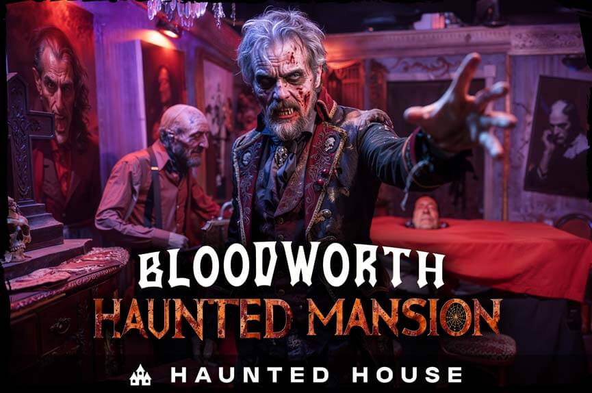 A terrifying, bloodied aristocrat reaches out toward the viewer inside an eerie, dimly lit haunted mansion. The text reads "Bloodworth Haunted Mansion."