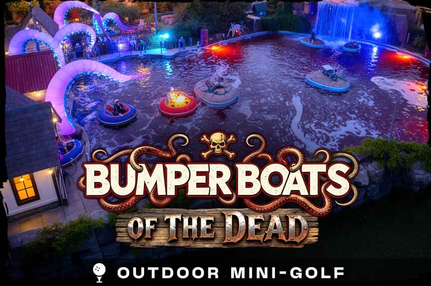 An overhead night view of an outdoor pond with blood-red water where guests ride in round bumper boats surrounded by massive, glowing purple tentacles. The text reads "Bumper Boats of the Dead."