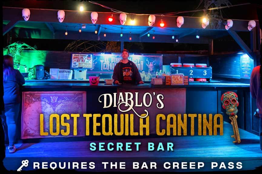 An outdoor secret bar under a dark wooden structure decorated with hanging illuminated skulls and colorful string lights, with a bartender waiting at the counter. The text reads "Diablo's Lost Tequila Cantina."