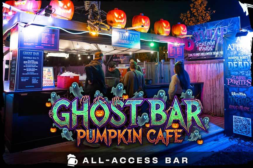 An outdoor walk-up bar at night decorated with a row of glowing carved jack-o'-lanterns along the roofline, with patrons standing at the counter. The text reads "Ghost Bar Pumpkin Cafe."