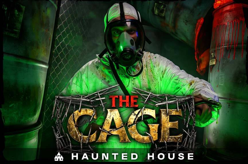A menacing figure in a white hazmat suit and gas mask stands in a toxic, neon-green lit industrial setting. The text reads "The Cage."
